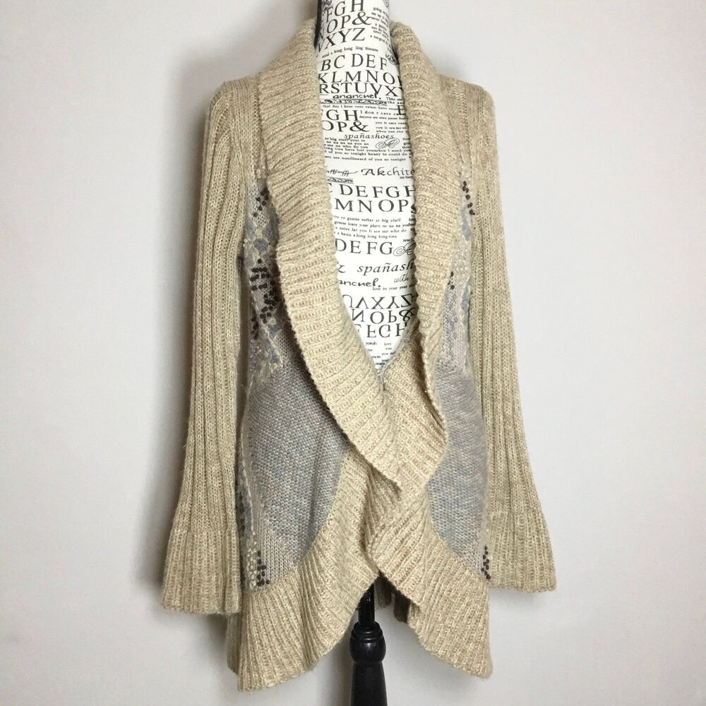 Chunky knit oatmeal blue brown cardigan hook eye closure cottagecore fairy M